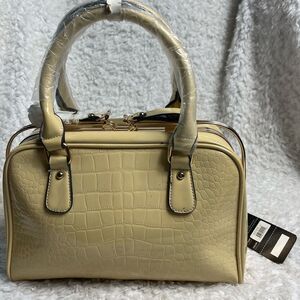 NWTLa Reine Patent Beige croc prints faux leather satchel gold tone frame accent